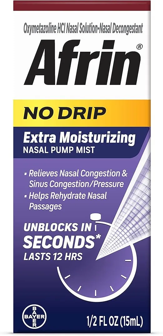 Afrin No Drip Extra Moisturizing 12 Hour Nasal Congestion Relief Pump Mist, Sinus Spray Decongestant - 15 mL