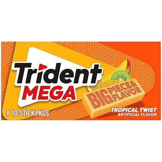Trident Mega Tropical Twist Sugar Free Gum, 9 Packs of 10 Pieces (90 Total Pieces)