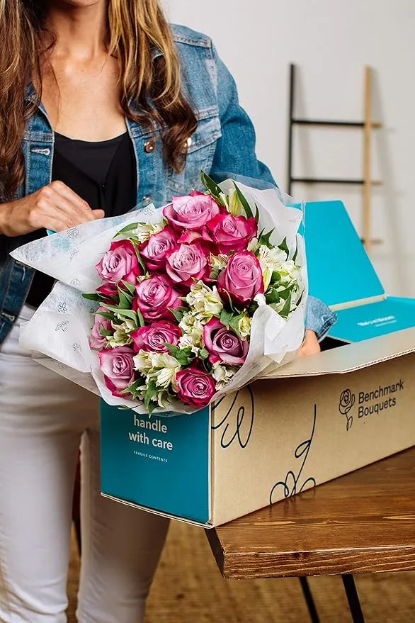 Benchmark Bouquets, Delightful Roses & Alstroemeria, Glass Vase Included, Gift Fresh Flowers for Christmas, Holiday, Birthday, Anniversary, Sympathy, Congratulations, Thank You