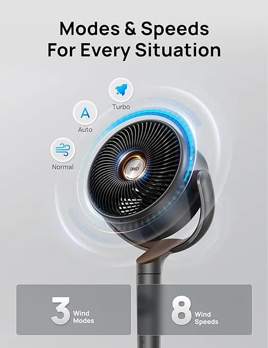 Dreo Smart Fan for Bedroom, 120° Oscillating Standing Fan, DC Motor, Quiet Pedestal Fans, 8 Speeds, 6 modes, 23dB Low Noise, Floor Fan for Whole Room, 35-40'' Adjustable Height, with Wi-Fi/Voice