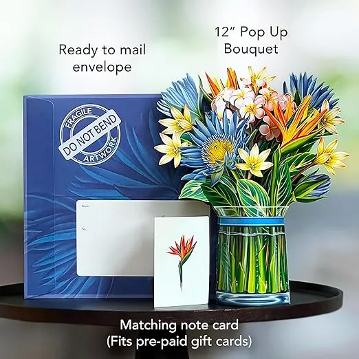 Freshcut Paper Pop Up Cards, Paper Flower Bouquet 3D Popup Greeting Cards with Note Card & Envelope, Birthday Card, Anniversary Card, Get Well Gifts for Women, 12" Tropical Bloom