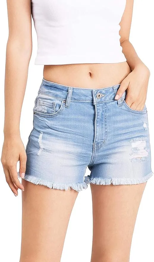 Wax Jeans Women's Juniors Classic High Rise Stretchy Distressed Shorts