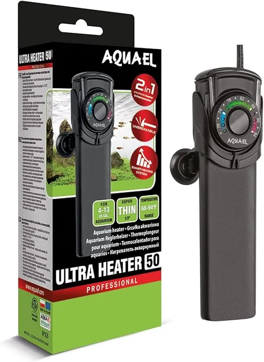Aquael Ultra Aquarium Heater for Freshwater & Saltwater Aquariums - 50 Watt, 4-13 Gallon