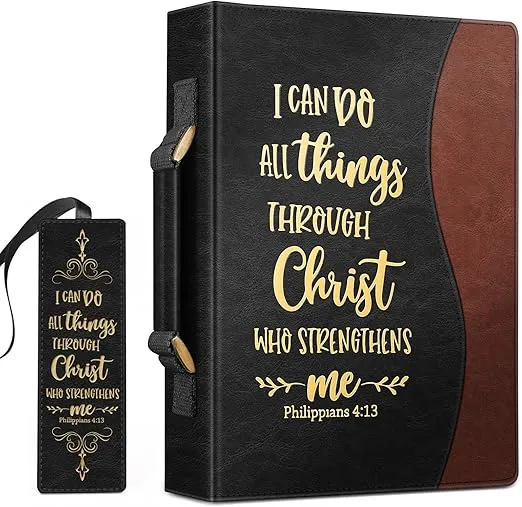 FINPAC Large Classic Bible Cover Vegan Leather Carrying Book Case Church Bag Bible Protective with Handle, Gift for Men, Women, Father, Mother, Friends, Black w/Hot Stamping