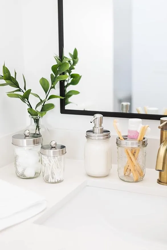 Jarmazing Products Ball Mason Jar Bathroom Gift Set (4 pcs) - Lotion/Soap Dispenser, Toothbrush Holder, Q-Tip Storage Jars - Farmhouse Home Decor for Vanity Organization - Stainless Steel
