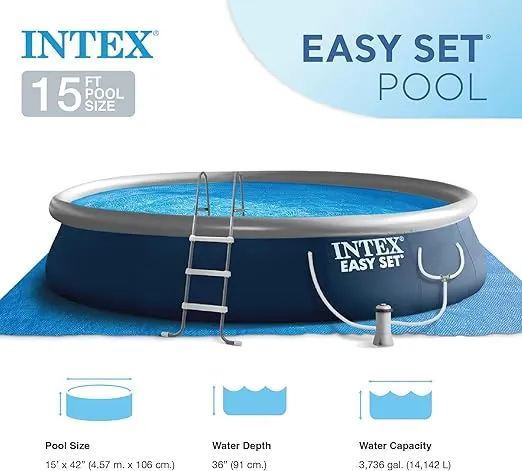 Intex Easy Set 15' x 42" Round Inflatable Outdoor Above Ground Swimming Pool Set with 1000 GPH Filter Pump, Ladder, Ground Cloth, and Pool Cover