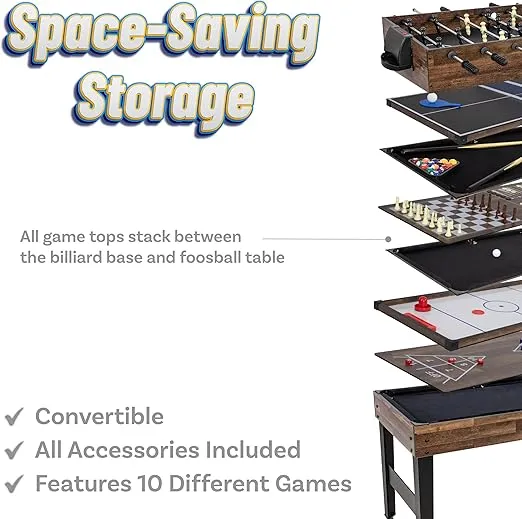 Sunnydaze 10-in-1 Game Table - Combination Multi-Game Table with Billiards, Push Hockey, Foosball, Ping Pong, Chess, Checkers, Backgammon, Bowling, Shuffleboard, Card Games