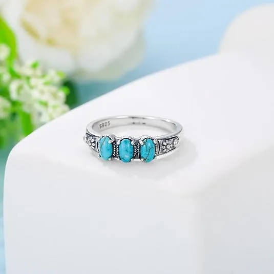 Real Turquoise Rings 925 Sterling Silver Genuine Turquoise 3 Stone Ring Vintage Southwestern Jewelry Gifts for Women