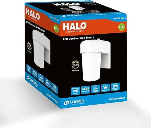 HALO FE 1-Light White LED Outdoor Lantern Sconce with Dusk to Dawn
