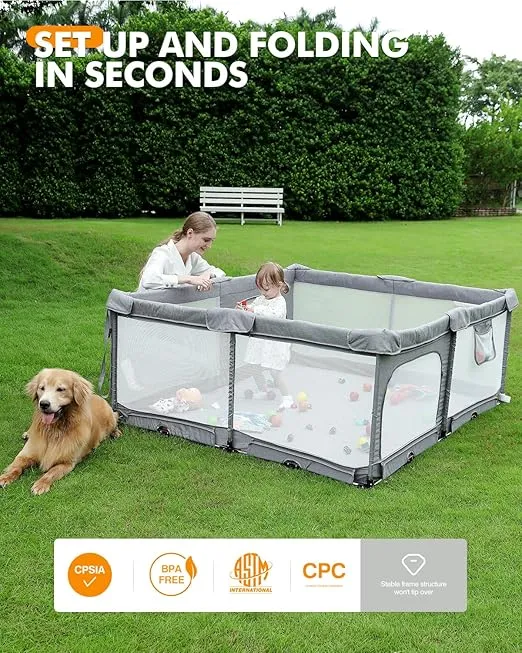 Dearlomum Foldable Baby Playpen with Non Removable Thick Mat,Collapsible Playpen for Babies and Toddlers, Extra Large Foldable Playpen for Baby with Gate, Travel Play Pen (Grey 51"×51")