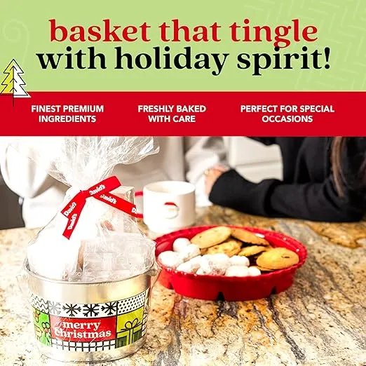 David’s Cookies Merry Christmas Assorted Cookies Bucket with Thin Crispy Cookies and Pecan Meltaways Treats – Gourmet Holiday Cookies Gift Basket - All Natural Christmas Cookies Gift