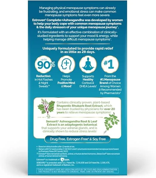 Estroven Complete + Ashwagandha Multi-Symptom Menopause Supplement for Women - 60 Ct. - Clinically Proven Ingredients Provide Menopause Relief & Night Sweats + Hot Flash Relief* - Drug-Free & Non-GMO
