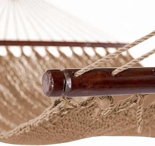 Lazy Daze Hammocks 10.5 FT Double 2 Person Caribbean Rope Hammock, Hand Woven Polyester Hammock with Spreader Bars, Extra Large Outside Outdoor Backyard Patio Poolside Hammock, 450 LBS Capacity, Tan