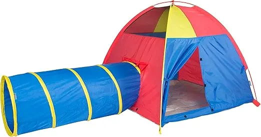 Pacific Play Tents 20414 Kids Hide-Me Dome Tent and Crawl Tunnel Combo for Indoor/Outdoor Play Red/Yellow/Blue Large
