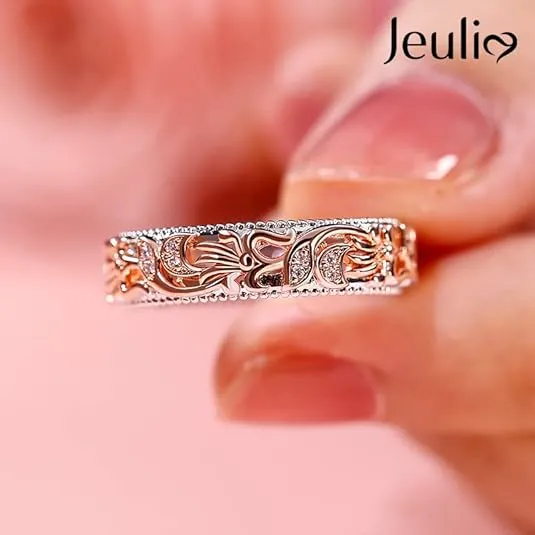Jeulia Floral Ring Band Sterling Silver Two Tone Leaf Carved Vintage Unique Hollow Flower Rose Gold Jewelry Engagement Wedding Bridal Sets Stackable Anniversary Promise with Gift Box
