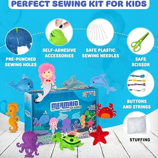 MOMOTOYS Sewing Kit for Kids, Fun & Educational Mermaid and Sealife Sew Craft Set for Boys and Girls Ages 8-12, Complete Beginner Sewing Kit with Felt Plushie for Creative DIY Projects