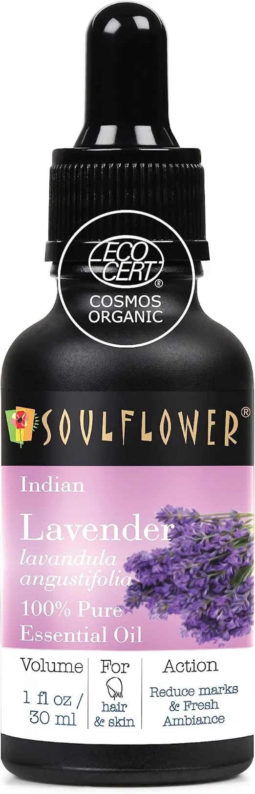 Soulflower Lavender Essential Oil for Hair, Skin, Diffuser, Body Care Use- 100% Pure, Natural, Premium Quality, Organic, for Men Women, 1 fl oz, Ecocert Cosmos Certified