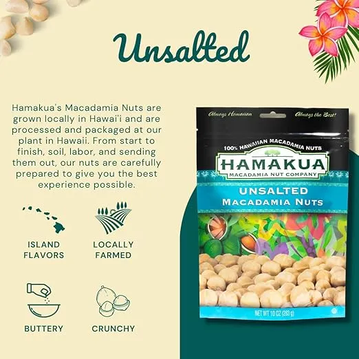 Hamakua Macadamia Nuts - Unsalted Hawaiian Grown Dry Roasted Half and Whole Macadamias without Salt - Natural Eco-Friendly Large Macadamia Nuts (10 oz Pouch)