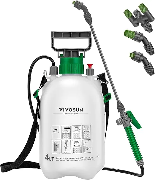VIVOSUN 1 Gallon Pump Pressure Sprayer, 4L Pressurized Lawn & Garden Water Spray Bottle with 3 Water Nozzles, Adjustable Shoulder Strap, Pressure Relief Valve, for Plants and Cleaning