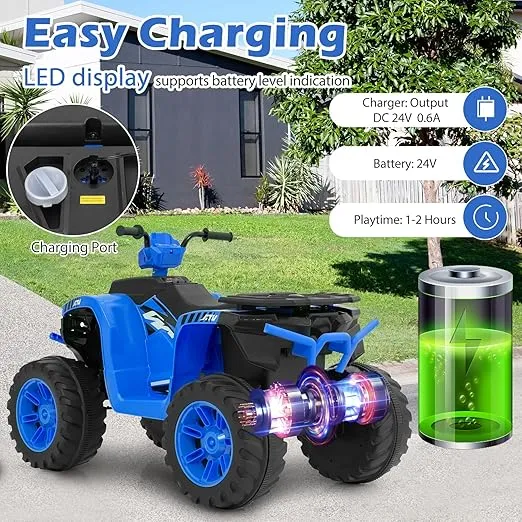 Coszton ATV for Kids, 24V Battery Powered Electric ATV Quad W/Soft Start, Wireless Connection, Music, Radio, Treaded Tires, LED Lights, Kids Ride-On ATV Kids 4-Wheeler for 3-8 Boys & Girls (Blue)