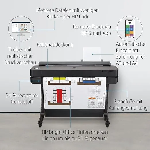 HP DesignJet T630 Großformatdrucker, 24 Zoll, bis zu A1, mobiles Drucken, Wi-Fi, Gigabit Ethernet, Hi-Speed USB 2.0, 1 Jahr Garantie (5HB09A), Schwarz
