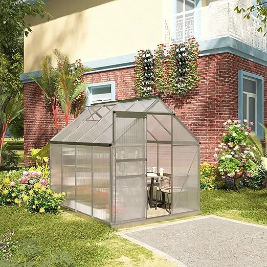 Outsunny 6' x 8' x 6.5' Polycarbonate Greenhouse with Aluminum Frame, Walk-in Heavy Duty Greenhouse Kit with Adjustable Roof Vent, Rain Gutter and Sliding Door for Winter, Silver