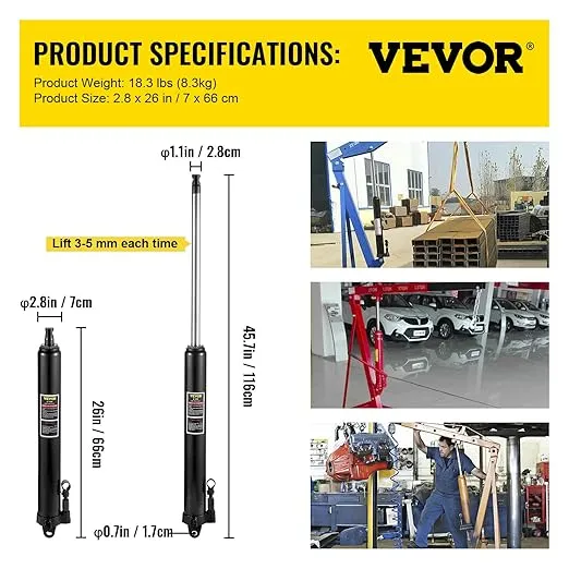 VEVOR Hydraulic Long Ram Jack, with Single Piston Pump and Clevis Base, Manual Cherry Picker w/Handle, for Garage/Shop Cranes, Engine Hoists,3 Tons/6600 lbs Capacity, Black