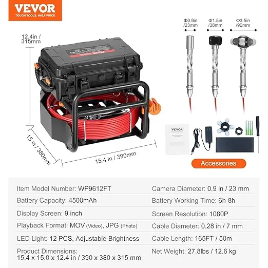 VEVOR Sewer Camera, 165 ft/50m, Self-Leveling Drain Camera with 512Hz Transmitter, Distance Counter, 9" Screen 1080P HD Snake Plumbing Camera with Lights-12 LED & 32GB Card for Duct Pipe