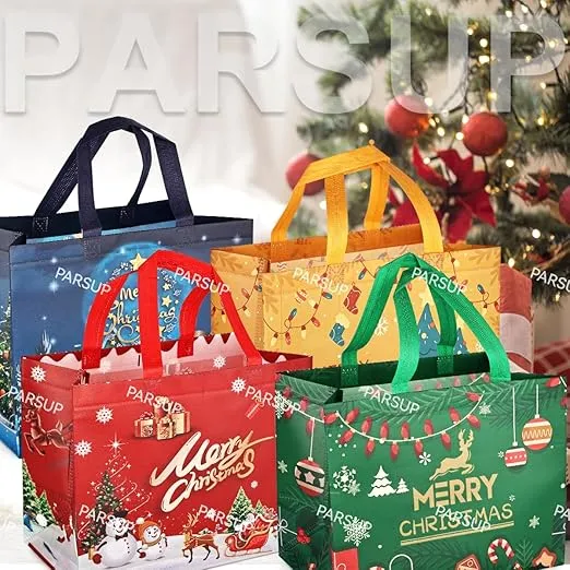 PARSUP Christmas Gift Bags,Christmas Tote Bags with Handles, Christmas Treat Bags, Multifunctional Non-Woven Christmas Bags for Gifts Wrapping Shopping, Xmas Party Supplies