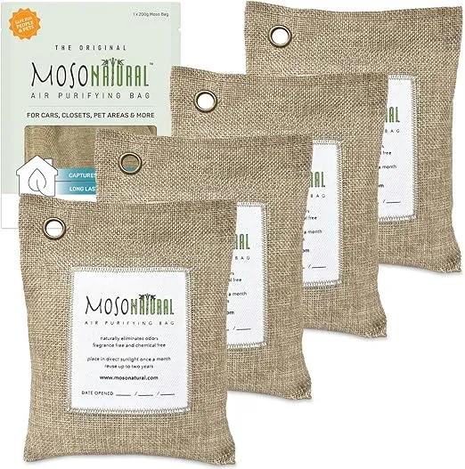 Moso Natural Air Purifying Bag 200g (4 Pack). A Scent Free Odor Eliminator for Cars, Closets, Bathrooms, Pet Areas. Premium Moso Bamboo Charcoal Odor Absorber. Two Year Lifespan! (Natural Beige)