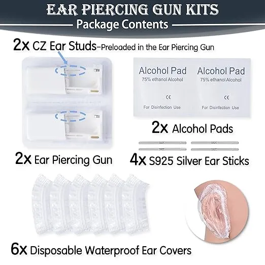 Ear Piercing Kit, Anzero 2 Pcs Disposable Ear Piercing Gun with Preloaded Ear Stud, at Home Self Ear Piercing Gun Kit - 4MM Earrings Stud
