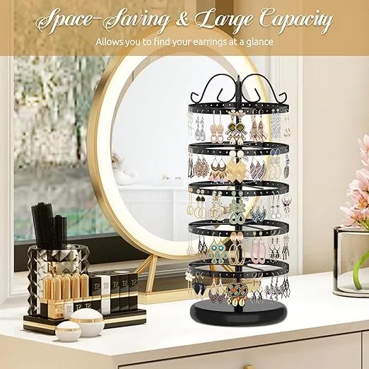MODOWEY 5 Tiers Metal Rotating Earring Holder Organizer, Exquisite Jewelry Display Stand Necklace Rack Holder, 220 Holes for Stud Pierced Earrings Women Girls- 14x6.3 Inch (Black)