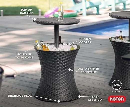 Keter Pacific Cool Bar Outdoor Patio Furniture and Hot Tub Side Table with 7.5 Gallon Beer and Wine Cooler