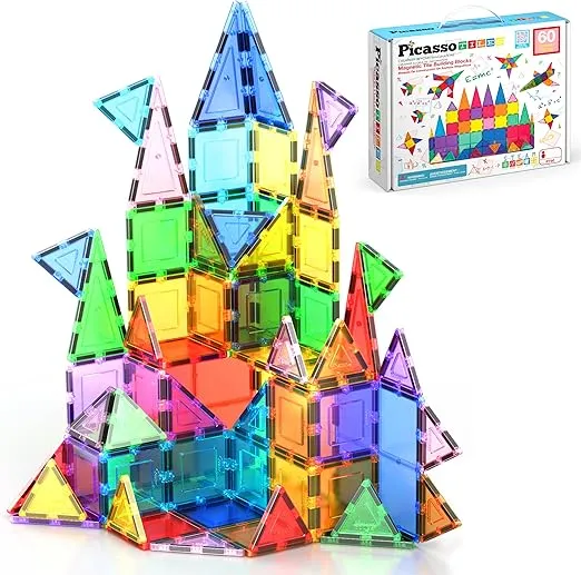 PicassoTiles Magnetic Tiles 60pcs Kids Toys Classroom Sensory Toy for Toddlers STEM Learning Building Blocks, Montessori Pretend Play Magnet Tile Construction Stacking Block Boys Girls Ages 3+ PT60
