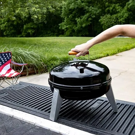 Americana Lock 'N Go Steel Lightweight Interlocking Hood & Bowl Portable Outdoor Camping Charcoal Grill with Wooden Handle for Camping, Black