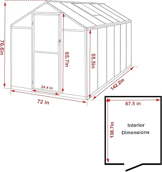 MUPATER 6 x 12 FT Outdoor Greenhouse, Polycarbonate Greenhouse with Aluminum Frame, Lockable Door and Ajustable Roof Vent for Backyard, Grey