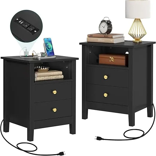 YITAHOME Nightstand with Charging Station, Night Stands with 2 Drawers for Bedroom, Modern Bedside Table End Side Table with USB Ports and Outlets, Set of 2, Black