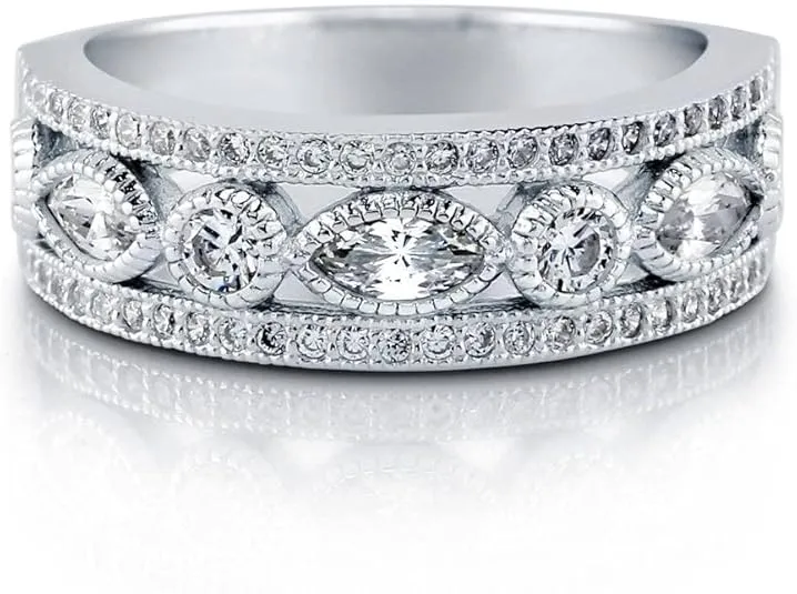 BERRICLE Sterling Silver Vintage Inspired Art Deco Wedding Rings Milgrain Bezel Set Cubic Zirconia CZ Anniversary Half Eternity Ring for Women, Rhodium Plated Size 4-10