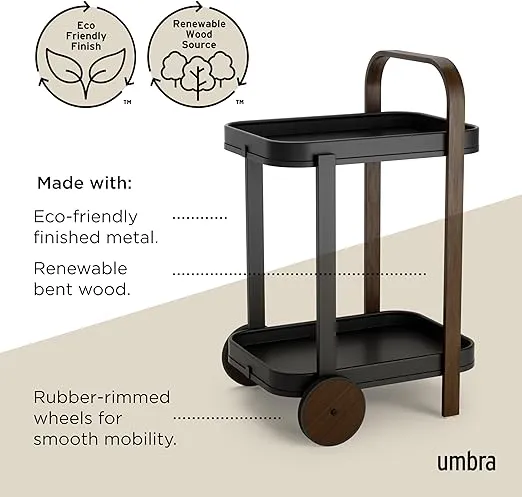 Umbra Bellwood Bar Cart, Serving Trolley, Side Table, Walnut/Black