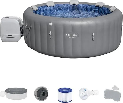 Bestway SaluSpa Santorini HydroJet 5 to 7 Inflatable Hot TubRound Portable Outdoor Spa with 180 Soothing Jets and Cover, Gray