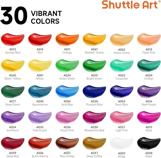 Shuttle Art 46 Pack Acrylic Paint Set, 30 Colors Acrylic Paint with 10 Brushes 3 Canvas 1 Knife Palette Sponge, Complete Gift for Kids, Adults, Beginners, Painting Wood, Ceramic