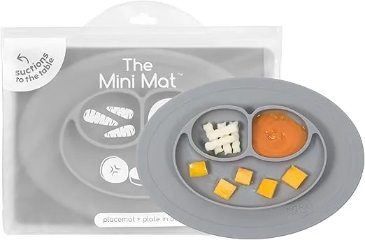 ezpz Mini Mat for 12 Months+ (Gray) - 100% Silicone Baby Plates with Suction and Built-in Placemat for Infants + Toddlers - Baby Led Weaning - for Highchair, Dining Table and Travel