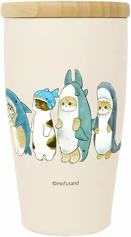 Toa Metal mofua 53-2094 Stainless Steel Tumbler with Wooden Lid, 11.8 fl oz (350 ml), Shark Nyan, Beige