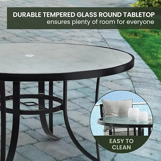 Hanover Lavallette 5-Piece Outdoor Dining Set for 4 with UV-Protected Cushioned Swivel Rocker Chairs and 42'' Round Glass-Top Table, Weather Resistant Modern Patio Dining Set