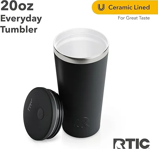 RTIC 20oz Everyday Tumbler Insulated Stainless Steel Portable Travel Coffee Cup with Straw, Spill-Resistant Lid, BPA-Free, Hot and Cold Drink, Ceramic Lining, Black