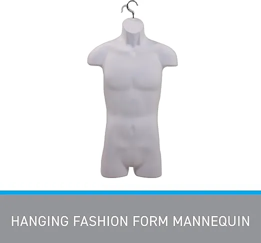 SSWBasics Male Molded Shatterproof White Shapely Torso Form With Hook - Fits Men's Sizes S-L - Hanging Mannequin Torso Fashion Form to Display Top and Bottom Merchandise - Shirt Mannequin Display for