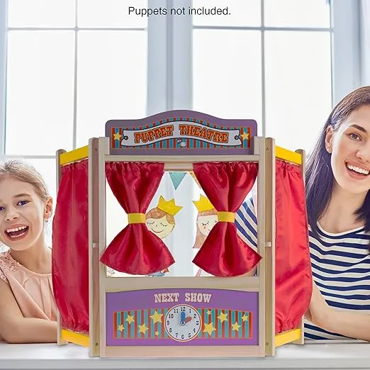 Hey! Play! Wooden Tabletop Puppet Theater with Curtains, Blackboard, and Clock- Inspires Imagination and Creativity for Kids, Boys and Girls