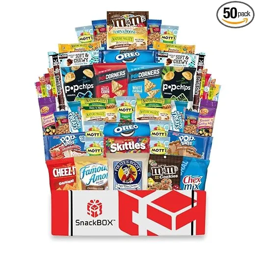 SnackBOX Care Package College Students | Snacks BOX Variety Pack (50 Count) | Christmas Holiday, Teachers, Back to School, Date Night, Birthday, Office, Camping, Chips, Military, Basket, Gift Ideas