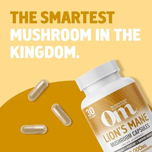 OM Mushroom Superfood Lion's Mane Mushroom Capsules Superfood Supplement, 90 Count, 30 Day Supply, Fruit Body and Mycelium Nootropic for Memory, Focus, Nerve Health and Immune Support