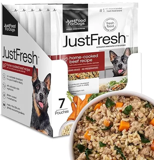 JustFoodForDogs JustFresh Home-Cooked Beef Dog Food with No Preservatives, Resealable Package, Human Grade Wet Dog Food, 12 oz - 7 Pack